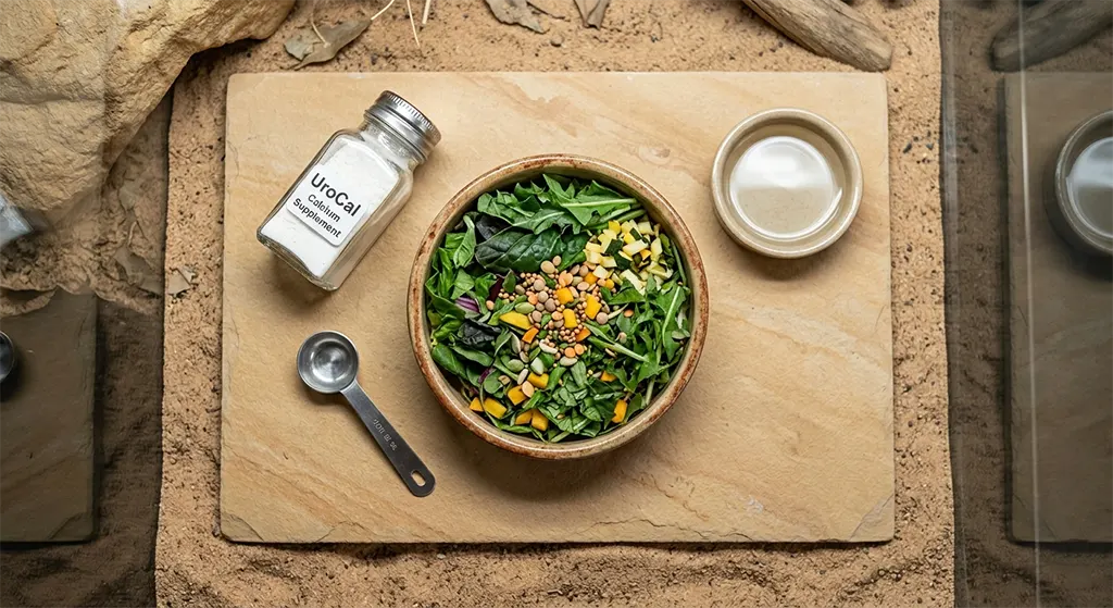 Fresh organic greens and supplements for a balanced Uromastyx diet and nutrition plan