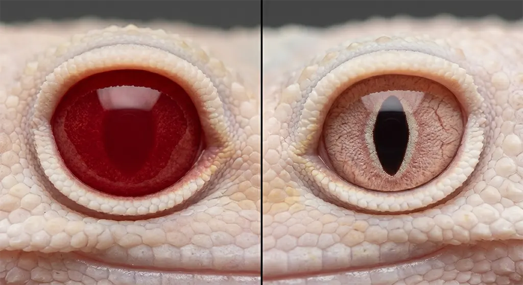 Eye comparison between genuine Diablo Blanco leopard gecko and fake high-white blizzard gecko