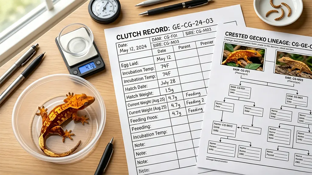 A professional breeder's workspace featuring a crested gecko in a deli cup alongside documented lineage records and clutch charts.