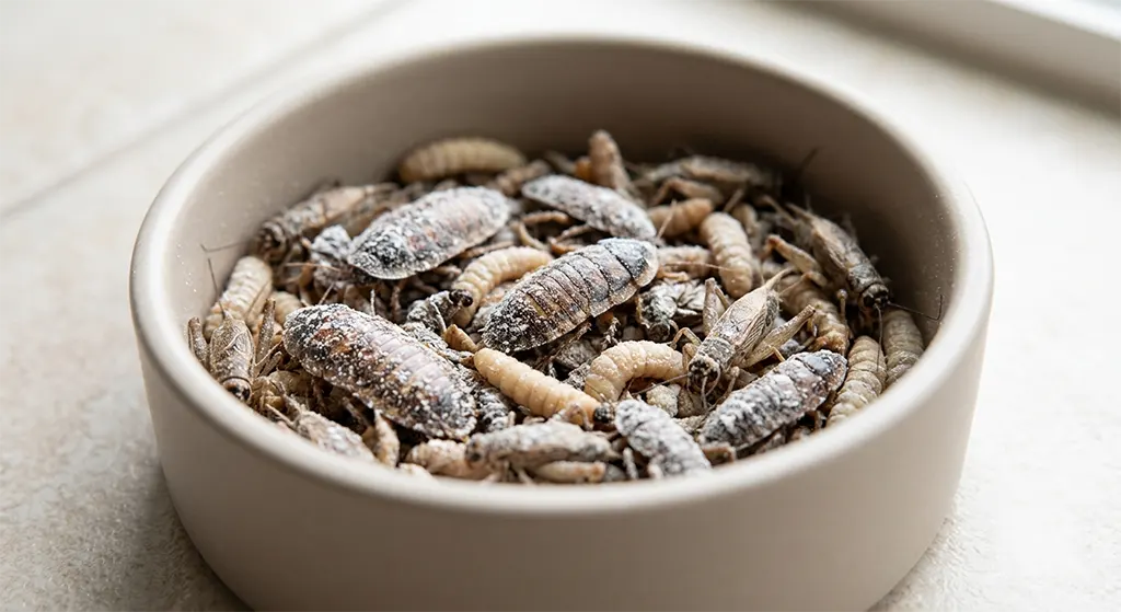 Feeding dish containing variety of insects coated with calcium powder for Leopard Gecko nutrition.