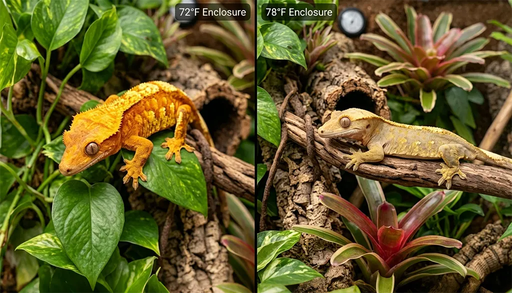Comparison of the same crested gecko showing saturated colors at 72°F versus washed-out colors at 78°F.