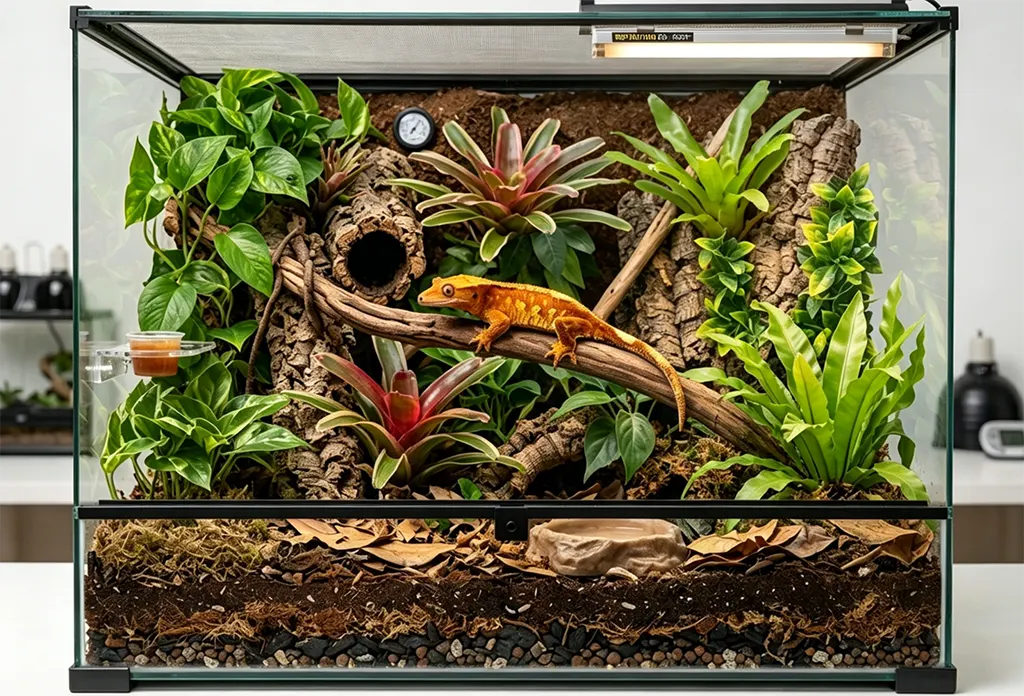 Bioactive terrarium cross-section illustrating a 5% UVB linear tube setup creating a proper Ferguson Zone 1 light gradient.