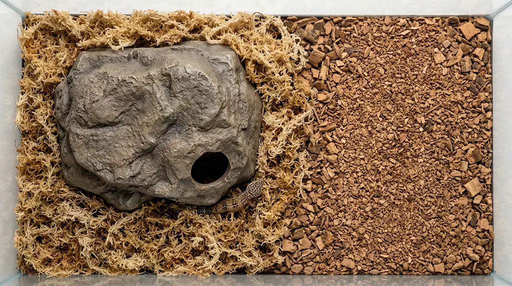 Top-down view of a resin humid hide for day geckos filled with damp sphagnum moss on cork bark.