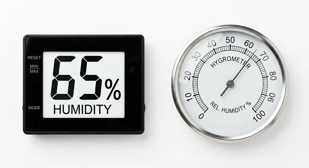 Side-by-side comparison of a digital hygrometer and an analog dial hygrometer for reptile humidity monitoring.