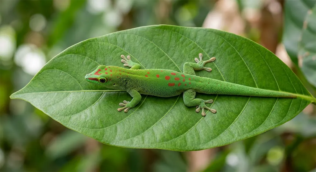 A healthy adult Phelsuma grandis gecko resting on a tropical leaf with clear eyes and clean toes showing successful shedding.