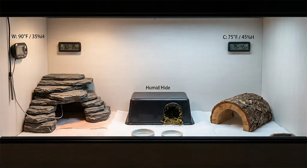 Professional Leopard Gecko vivarium setup with separate warm, cool, and humid hides on paper towel substrate.