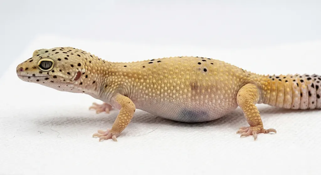 Side profile of an adult Leopard Gecko showing a distended, bloated abdomen indicating potential impaction.