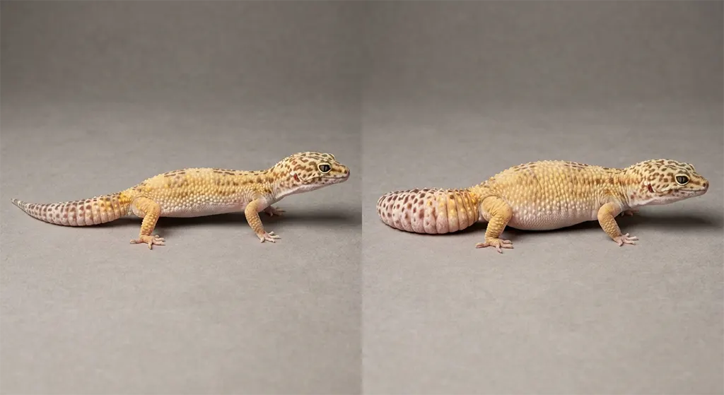 Side-by-side comparison of a healthy vs obese Leopard Gecko showing tail and abdominal fat differences.