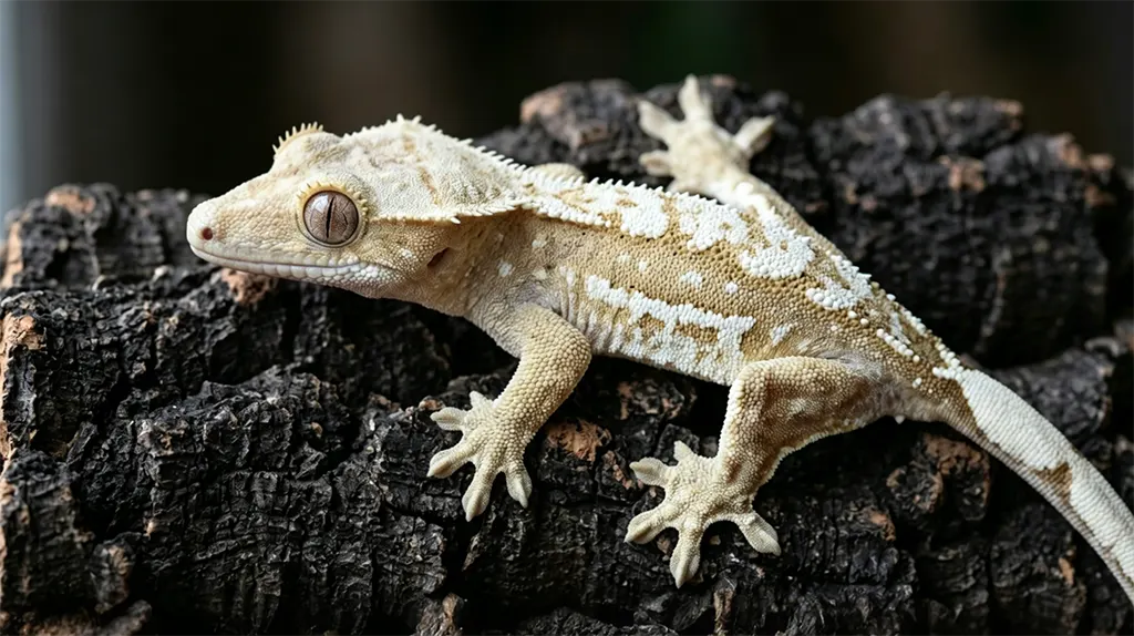 High-quality Lilly White crested gecko showing characteristic pale base color and reduced melanin expression.