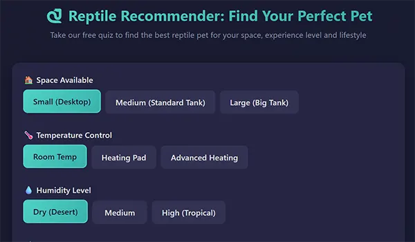 Interactive reptile species recommender quiz boundary matching exotic pets with owner experience level and local budget parameters