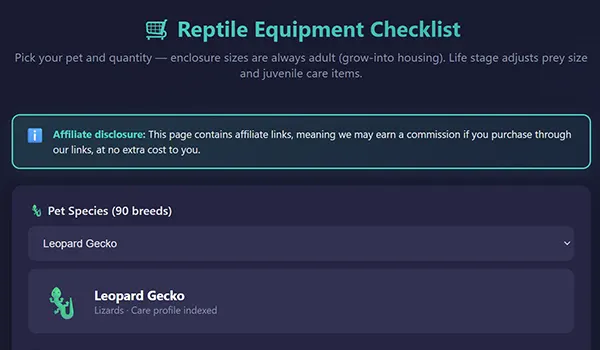 Proprietary reptile habitat equipment checklist processing enclosure size and species to generate essential vivarium supplies lists
