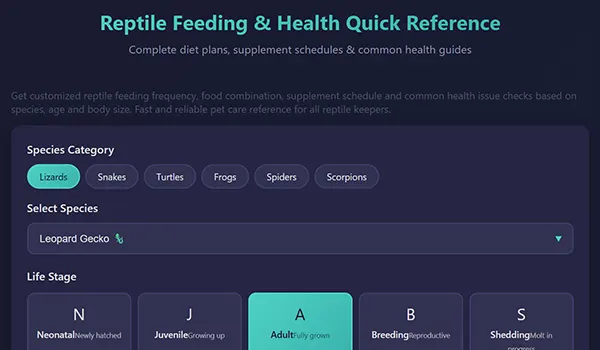Comprehensive reptile dietary formulation guide and metabolic bone disease symptom checker application interface