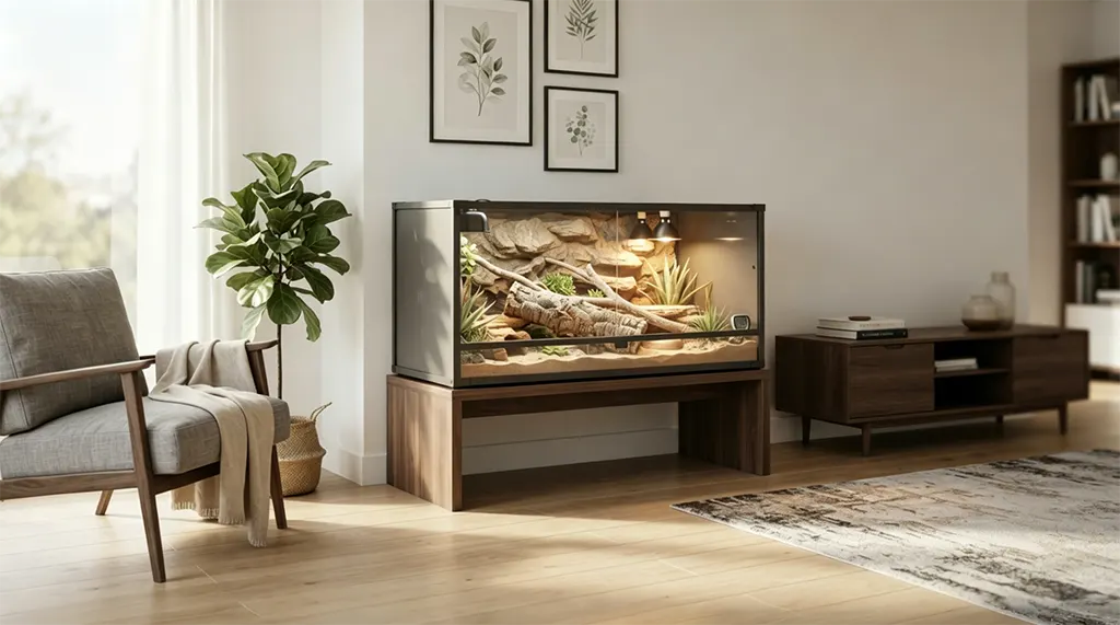 A professional 120cm blue-tongued skink enclosure setup in a modern apartment living room corner, demonstrating proper space integration.
