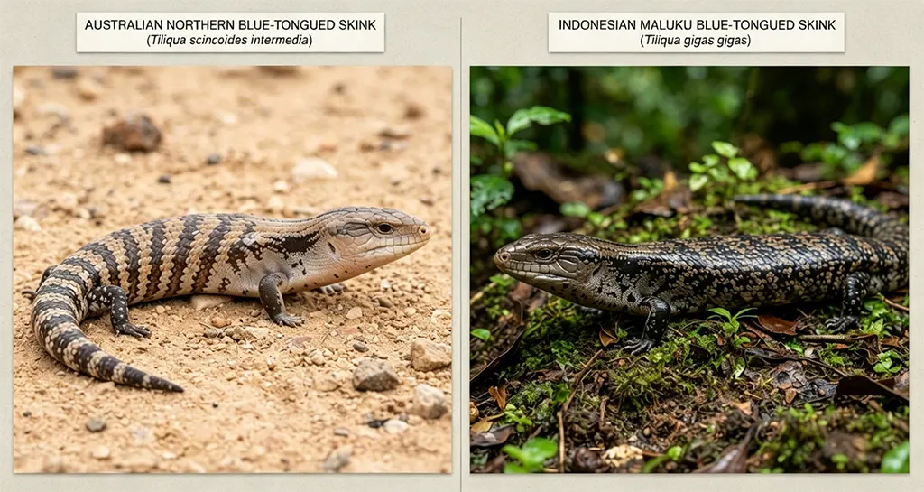 Side-by-side comparison of an Australian Northern Blue-Tongued Skink and an Indonesian Maluku Blue-Tongued Skink in a studio setting.