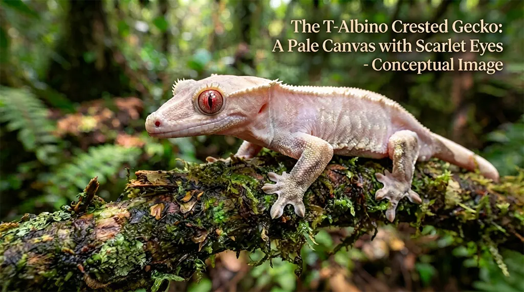 Photorealistic macro shot of a T- albino crested gecko showing pale skin and red eyes.