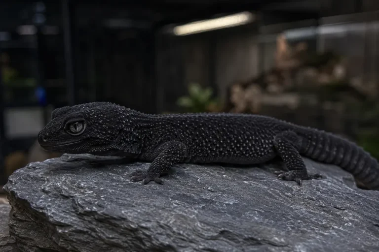 Adult Black Night leopard gecko showcasing deep hyper-melanistic dark skin pigmentation resting on a slate rock inside a low-spectrum indoor reptile enclosure.