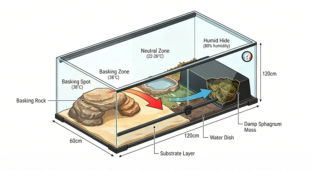 Technical diagram showing the temperature and humidity gradient layout for a blue-tongued skink enclosure, including basking zone and humid hide.