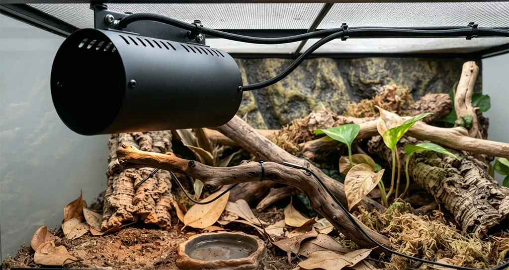 Digital thermostat controllers and organized power circuits managing temperature zones in a reptile breeding facility.