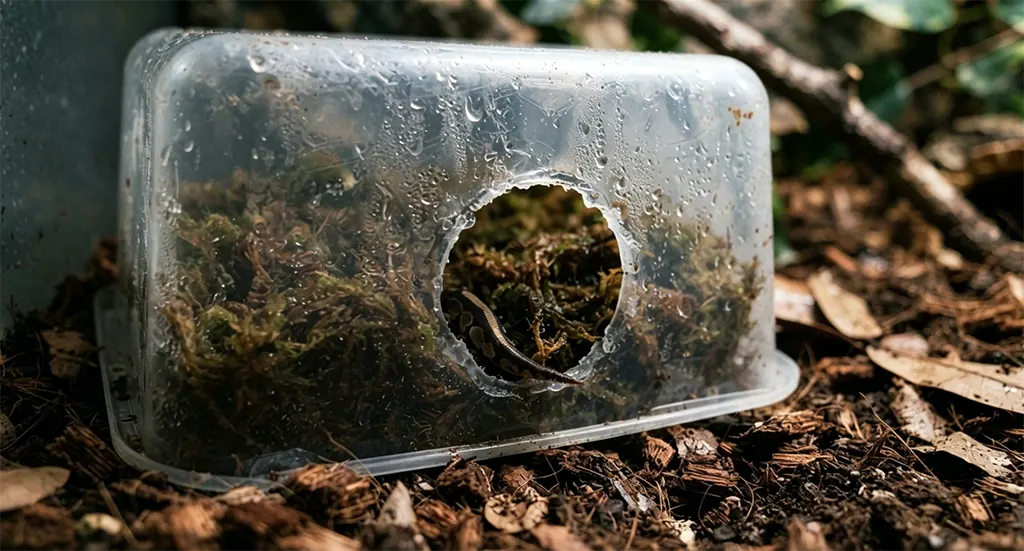 A close-up of a DIY plastic moisture hide packed with damp sphagnum moss on the warm side of a ball python enclosure.