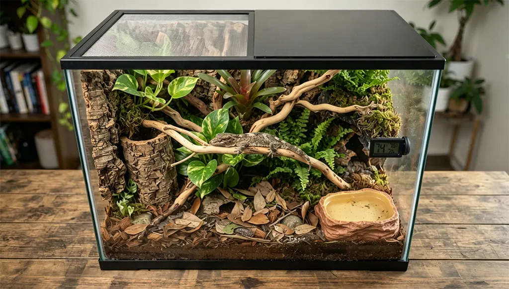 Professional bioactive terrarium setup for Gehyra marginata with humidity-retaining lid and digital hygrometer.