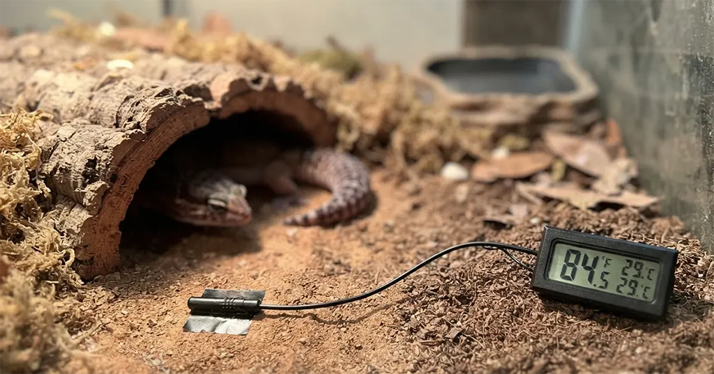 Digital thermometer probe measuring the warm side temperature of an African Fat-Tailed Gecko enclosure