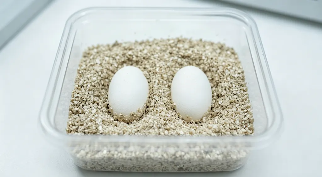 Close-up of Fish Scale Gecko eggs in moist vermiculite incubation substrate.