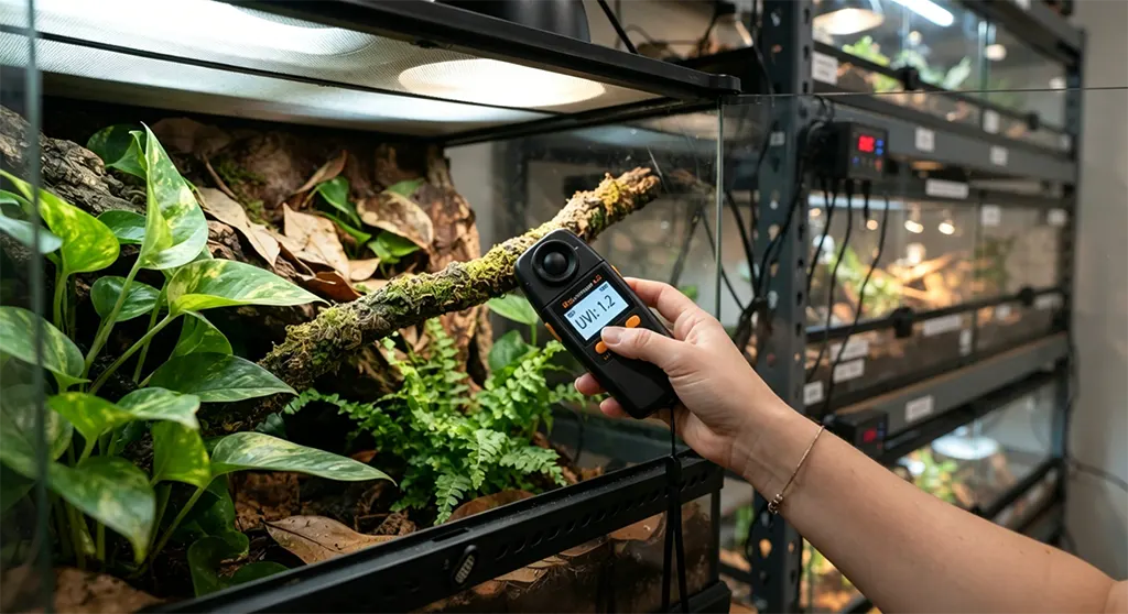 A comparative setup of a crested gecko Zone 1 tank and a leopard gecko Zone 2-3 tank with a physical opaque divider.