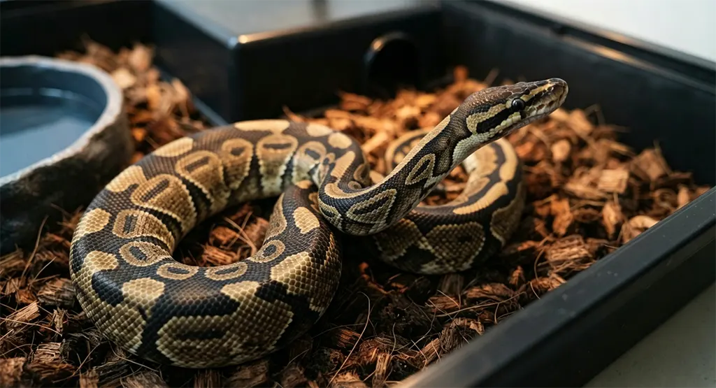 A healthy adult ball python with clear eyes and clean skin resting on deep coconut substrate inside a PVC enclosure after a successful shed.