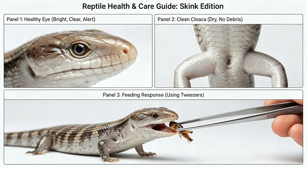 Infographic illustrating healthy features of a captive-bred blue-tongued skink: clear eyes, clean cloaca, and active feeding response.