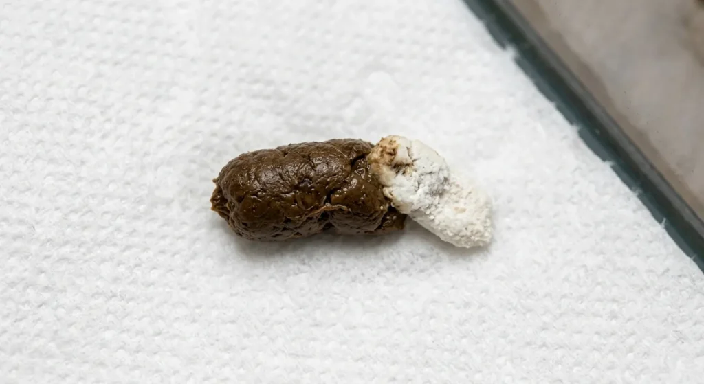 A close-up view of normal leopard gecko excrement showing formed feces and white urate on a clean paper towel for health assessment.