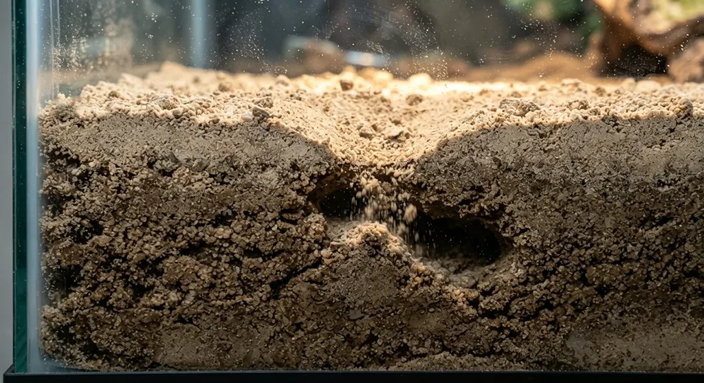 Vertical cross-section view of a knob-tail gecko enclosure showing dry surface sand and damp, compacted subsurface layers causing drainage problems.