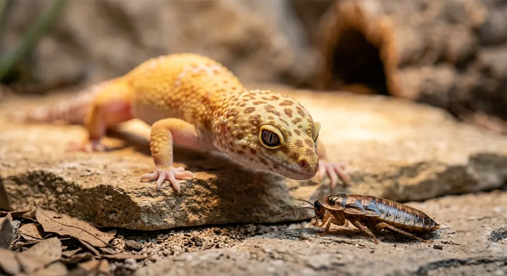 A focused leopard gecko in a hunting posture, tracking a feeder insect in a naturalistic terrarium during the active spring season.
