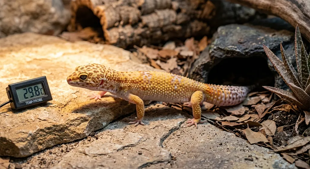 A healthy leopard gecko resting on a stone surface with a digital probe thermometer, demonstrating a proper thermal gradient in a desert terrarium.