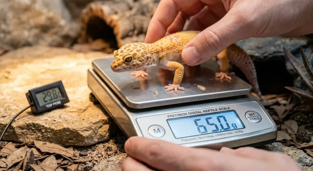 A leopard gecko being weighed on a digital kitchen scale to track seasonal weight trends for health monitoring.