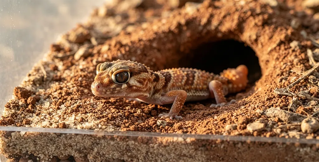 Healthy adult knob-tail gecko resting at the entrance of a stable burrow built with a 60/40 sand and red clay substrate mix.