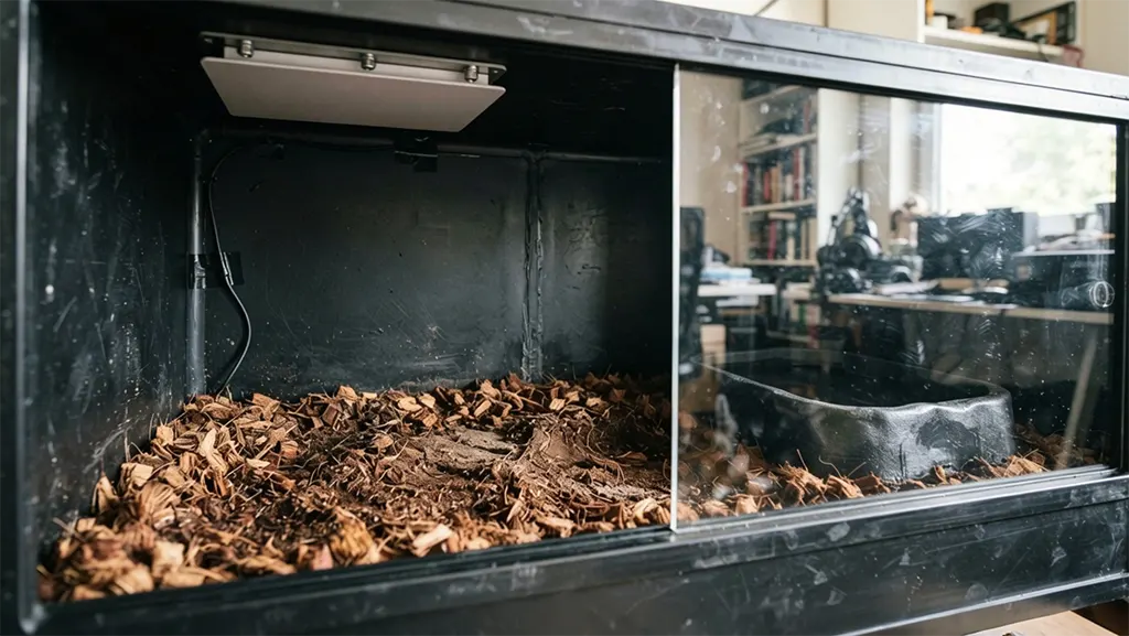 Interior view of a heavy-duty black PVC reptile enclosure featuring a mounted radiant heat panel and deep coconut husk substrate.
