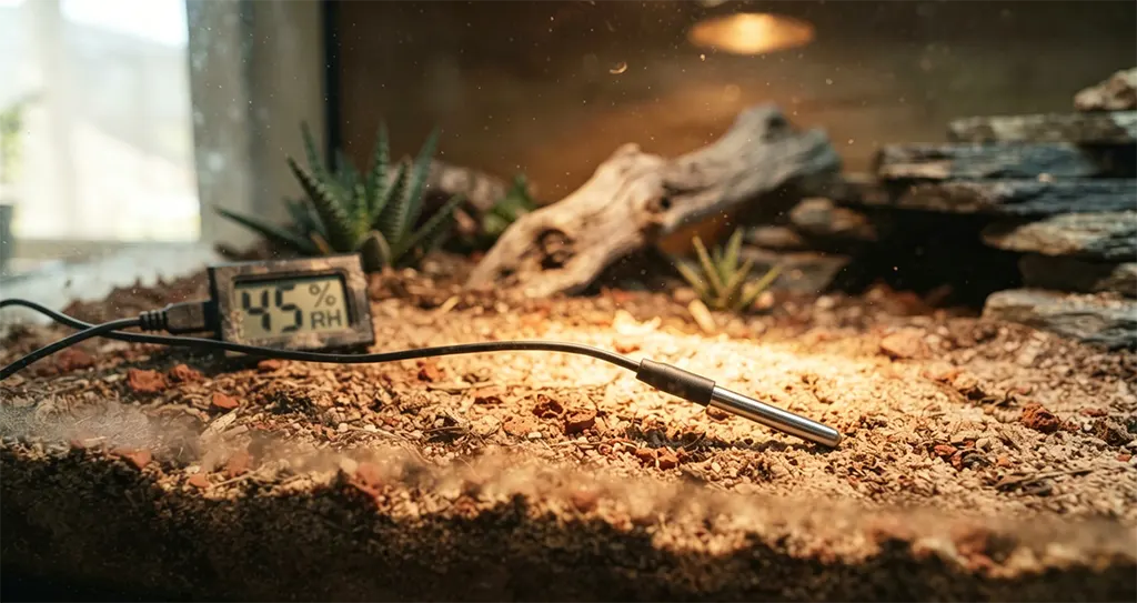 Digital hygrometer probe measuring subsurface micro-climate humidity lag in a Nephrurus levis arid terrarium setup.