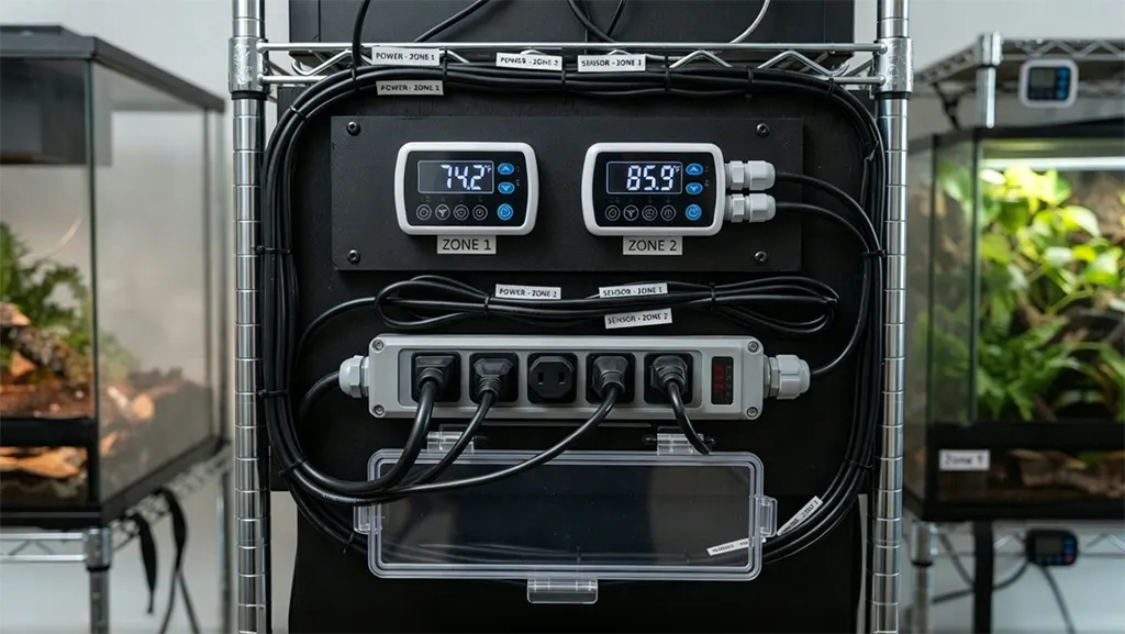Digital thermostat controllers and organized power circuits managing temperature zones in a reptile breeding facility.