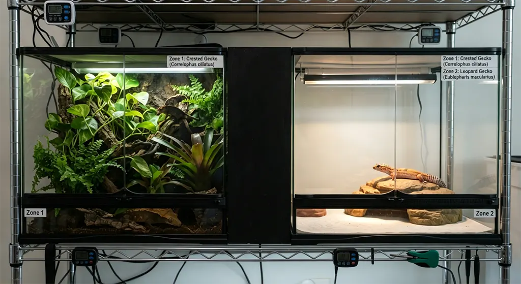 A professional UVI meter measuring UVB levels inside a bioactive crested gecko enclosure in a breeding room.