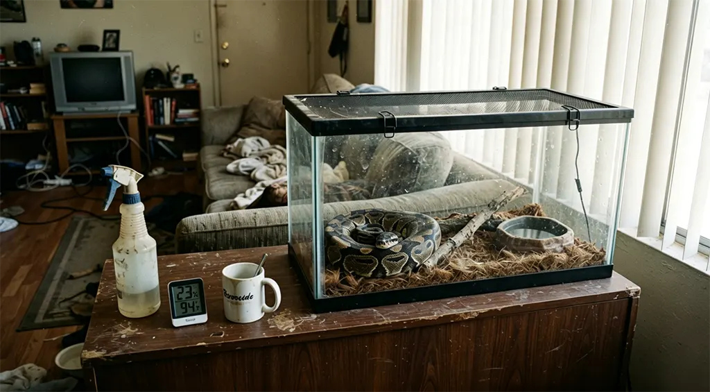 A dry 40-gallon glass terrarium with screen top and a ball python in pre-shed inside a hot Southern California apartment living room.