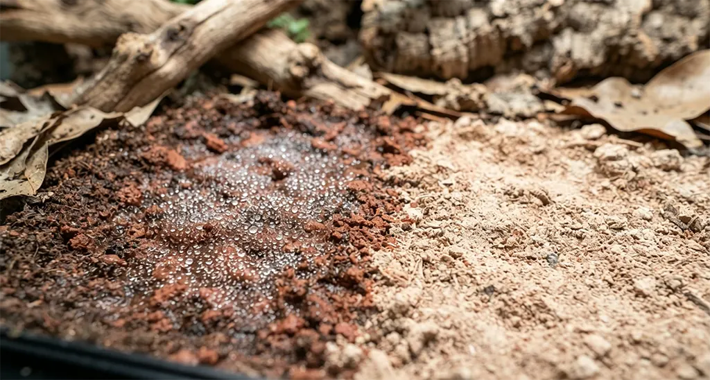 Localized targeted misting on a burrow zone showing fine moisture droplets without pooling or over-wetting the arid enclosure.