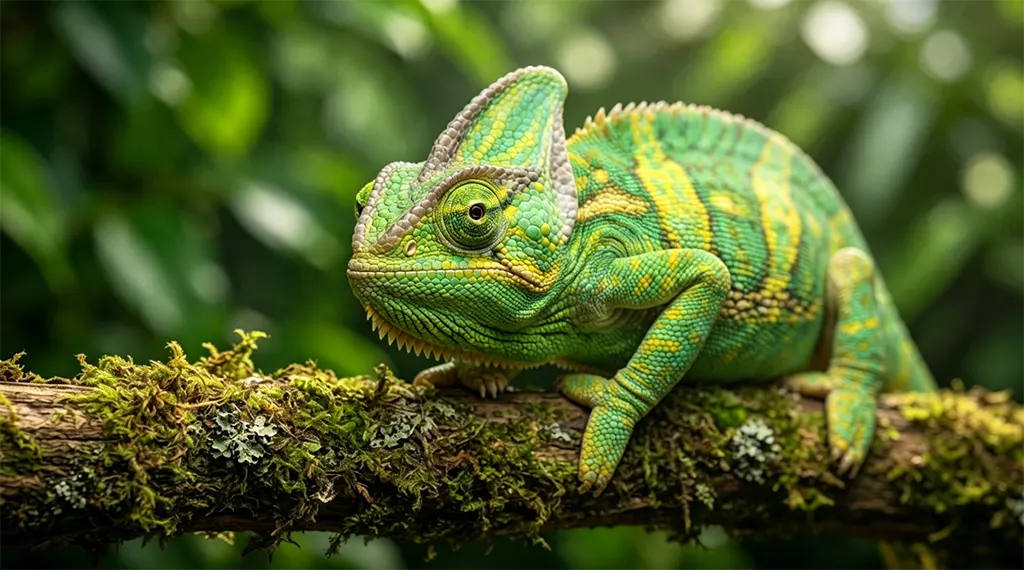 Healthy adult veiled chameleon resting on a branch, representing optimal hydration and husbandry.