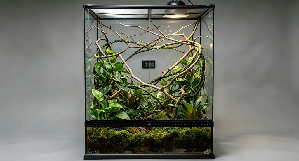 Professional setup of a veiled chameleon enclosure demonstrating vertical foliage density and humidity zones.