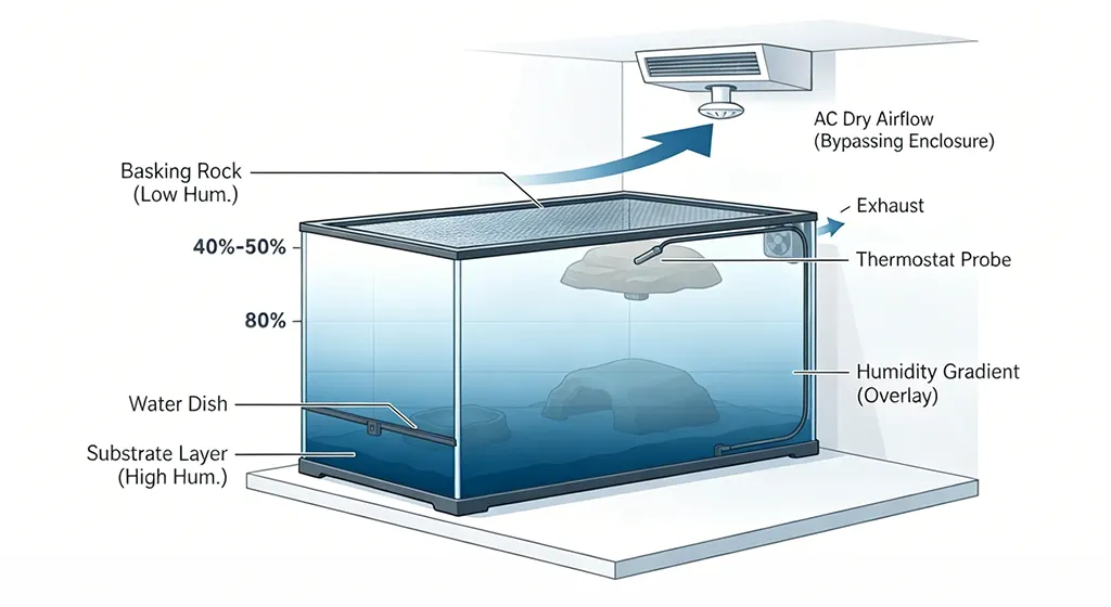 Technical diagram showing the vertical humidity gradient stratification in a veiled chameleon enclosure.
