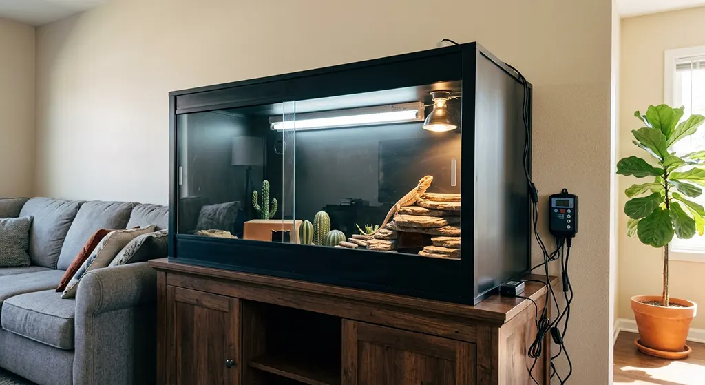 Complete 4x2x2 PVC bearded dragon enclosure setup with T5 UVB tube light and heat lamp in a home living room.