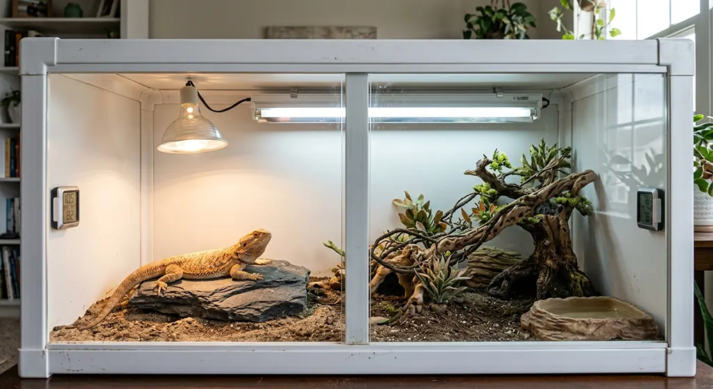 Front-opening 4x2x2 PVC bearded dragon enclosure with T5 HO UVB fixture and halogen basking light