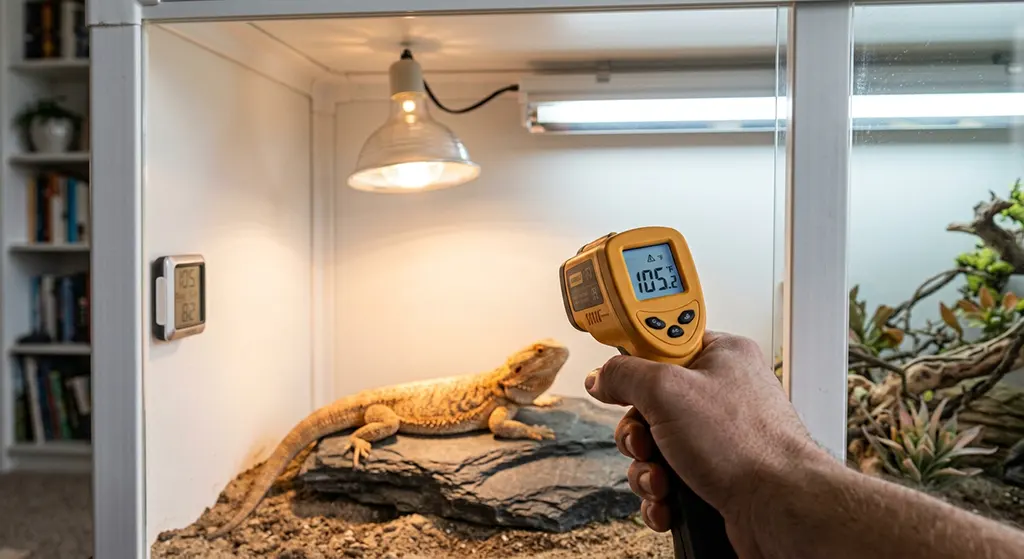 Infrared temperature gun measuring 104.5 degrees Fahrenheit on slate basking rock inside a bearded dragon tank