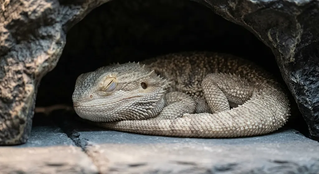 A healthy bearded dragon sleeping inside a natural rock hide on slate tile during winter brumation.