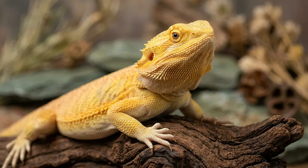 Vibrant citrus hypo leatherback bearded dragon resting on mopani wood in a clean natural terrarium setup.