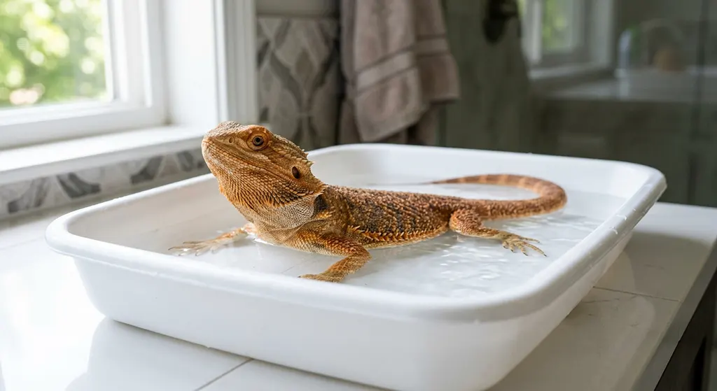 A bearded dragon safely soaking in a shallow white plastic tub of water for hydration.